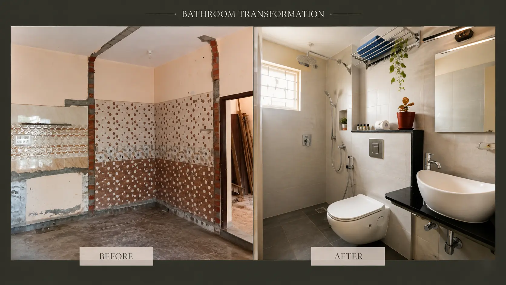Bathroom, before and after — chipped mosaic tiling and exposed brickwork, refitted with a wall-hung WC, a counter basin and a curtained shower