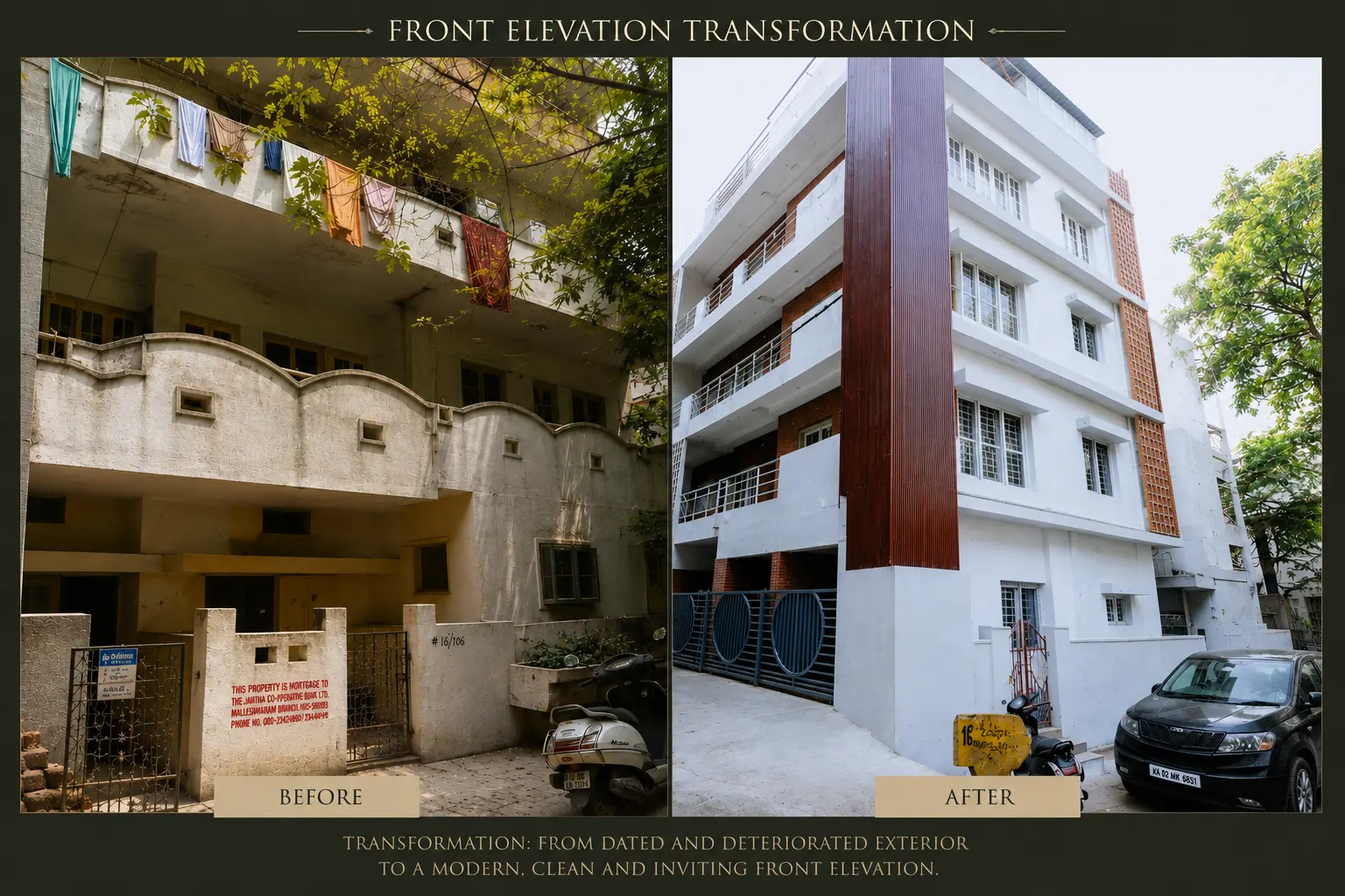 Front elevation, before and after — a weather-stained facade with laundry strung across the balconies, rebuilt as a clean white volume with a brick spine and jaali screens
