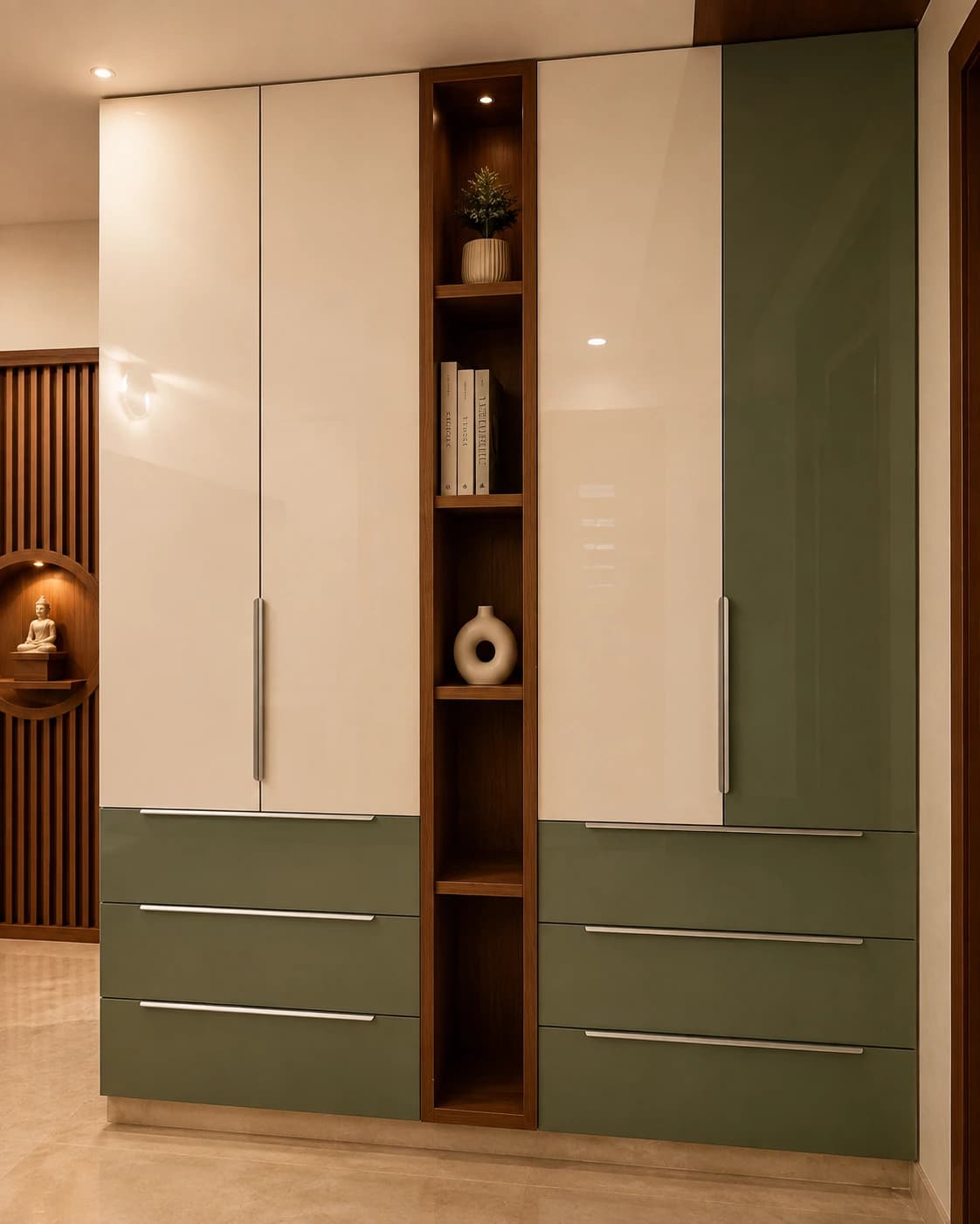The House of Motifs — storage wall with an open timber niche
